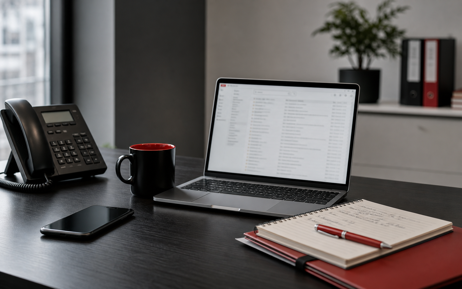 Recruitment consultation desk with phone, inbox, and hiring notes ready for intake