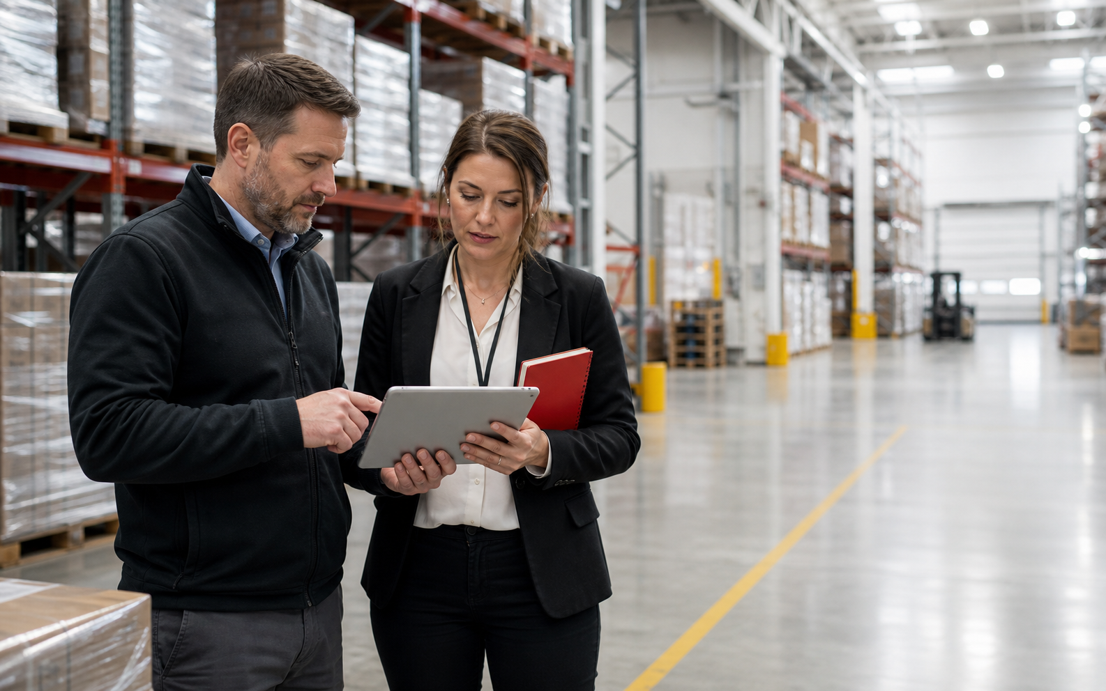 Recruiter and operations manager reviewing screened candidates on a warehouse floor